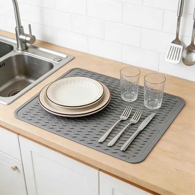 Silicone Dish Drying Mat for Kitchen Counter Eco-Friendly Fast Dry Dish Mat Easy Clean Multi Usage Drying Matt Heat Resistant Trivet Fits Under Rack, Gray 12" x 16"