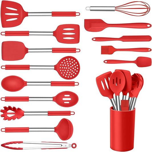 Onader 15 Pcs Silicone Cooking Utensils Set, Red Kitchen Utensils Spatula Set with Holder, Large Kitchen Gadgets Tools for Nonstick Cookware by Onader