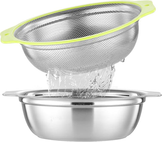 Colander Stainless Steel Microporous, 5QT Large Capacity Rice Washer with Mixing Bowl, 12.5’’Rice Strainer Bowl Set with Handle, Food-Grade Strainers and Colanders for Washing Rice, Pasta by Unknown