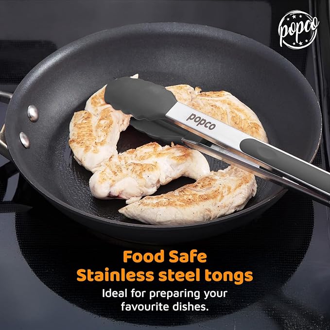 Popco 3-Piece Kitchen Tongs Set – Stainless Steel Heat Resistant Silicone Tips, Strong Comfort Grip, 3 Sizes (7, 9, 12 Inch), Non-Scratch, Dishwasher Safe, For Cooking, BBQ, Salad - Image 2