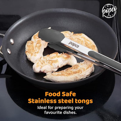 Popco 3-Piece Kitchen Tongs Set – Stainless Steel Heat Resistant Silicone Tips, Strong Comfort Grip, 3 Sizes (7, 9, 12 Inch), Non-Scratch, Dishwasher Safe, For Cooking, BBQ, Salad - Image 2