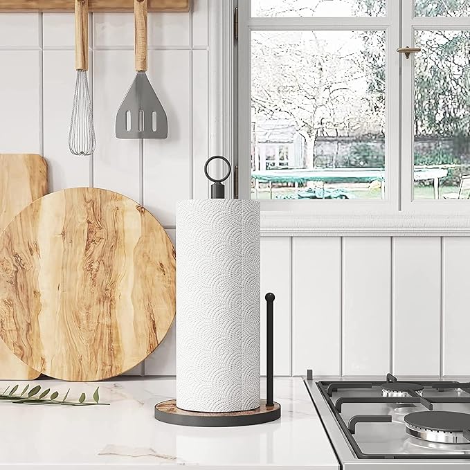OROPY Paper Towel Holder Countertop with Heavy Duty Wood Base, Farmhouse Paper Towel Roll Stand for Kitchen Counter fits Standard and Jumbo Size Paper Towels (Brown - Easy to Tear) - Image 4