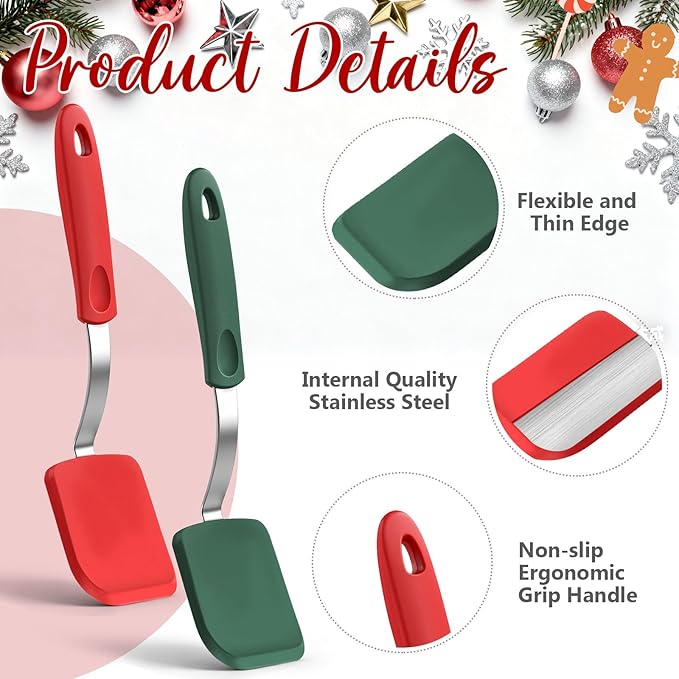 Silicone Cookie Spatula Turner 2 Pack Mini Brownie Spatula Flexible Kitchen Small Silicone Turner for Nonstick Cookware Heat Resistant No Scratch Flipper for Egg Pancake(Red, Green) - Image 4