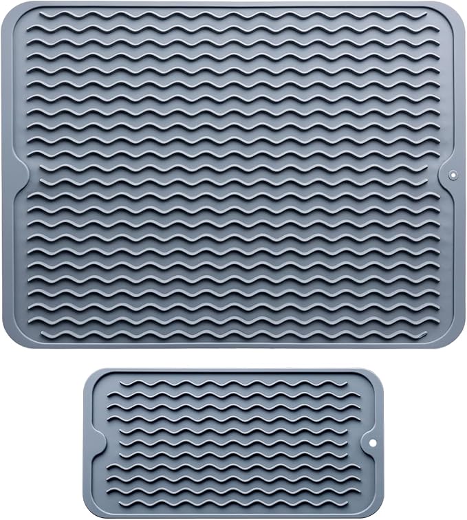Silicone Dish Drying Mat - 2 Packs of Non-Slip Silicone Mat Easy Clean Drying Mat Large Heat-Resistant Dish Drainer Mat for Kitchen Counter, Sink, Refrigerator or Drawer Liner(16"x12", 12''x 6'' GREY) by AOJOYS
