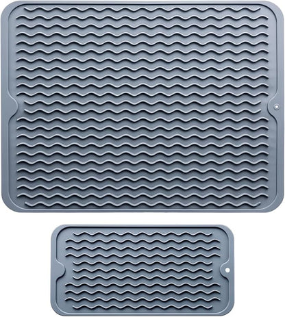 Silicone Dish Drying Mat - 2 Packs of Non-Slip Silicone Mat Easy Clean Drying Mat Large Heat-Resistant Dish Drainer Mat for Kitchen Counter, Sink, Refrigerator or Drawer Liner(16"x12", 12''x 6'' GREY) by AOJOYS