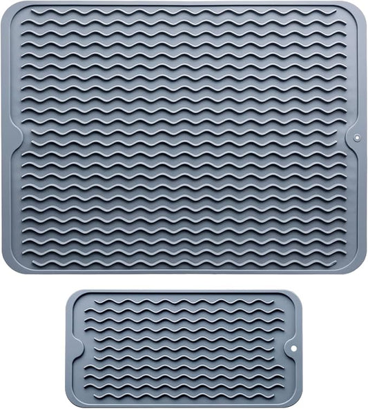Silicone Dish Drying Mat - 2 Packs of Non-Slip Silicone Mat Easy Clean Drying Mat Large Heat-Resistant Dish Drainer Mat for Kitchen Counter, Sink, Refrigerator or Drawer Liner(16"x12", 12''x 6'' GREY) by AOJOYS
