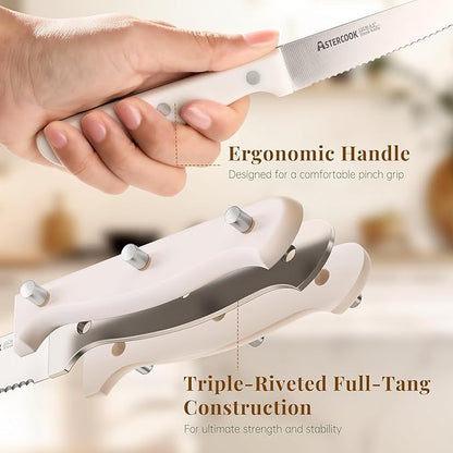 Astercook Steak Knives, Steak Knives Set of 8, High Carbon Stainless Steel Steak Knife Set with Full Tang Handle, Dishwasher Safe Serrated Knife, Elegant Cream White Mothers Day Gifts