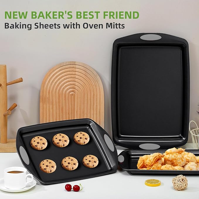 5-Piece Nonstick Baking Pans Set - Premium Carbon Steel Bakeware with PFOA/PFOS/PTFE-Free Coating, Red Silicone Handles (Gray) - Image 7