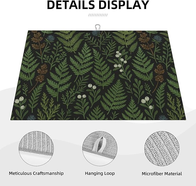 Black Sage Green Plant Dish Drying Mats for Kitchen Counter, Large 18"x24" Dish Mats for Drying Dishes, Microfiber Absorbent Dish Drying Pad Rack Mat Kitchen Decor Reusable Washable