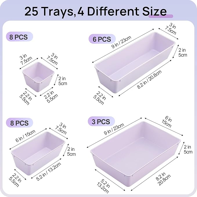 Vtopmart 25 PCS Plastic Drawer Organizers Set, 4-Size Versatile Bathroom and Vanity Drawer Organizer Trays, Storage Bins for Makeup, Bedroom, Kitchen Gadgets Utensils and Office - Image 2