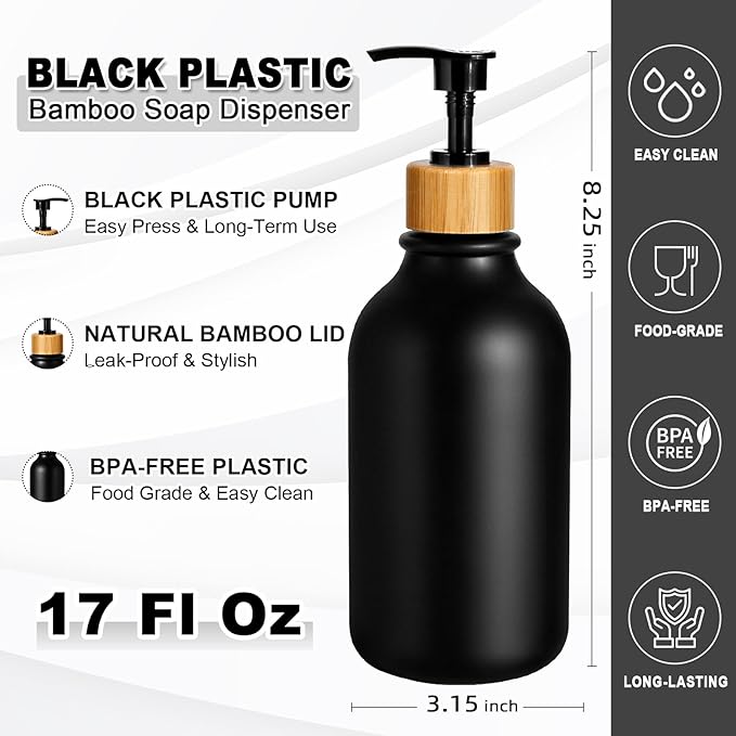 KASUNTING Black Soap Dispenser, 4 Pack Hand Soap Dispenser Bathroom with Bamboo Pump,17 Fl Oz Plastic Hand and Dish Dispenser Set for Kitchen, Refillable Liquid Soap and Lotion Dispensers Bottle - Image 3