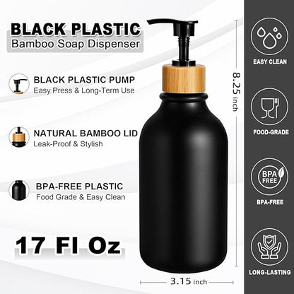 KASUNTING Black Soap Dispenser, 4 Pack Hand Soap Dispenser Bathroom with Bamboo Pump,17 Fl Oz Plastic Hand and Dish Dispenser Set for Kitchen, Refillable Liquid Soap and Lotion Dispensers Bottle - Image 3