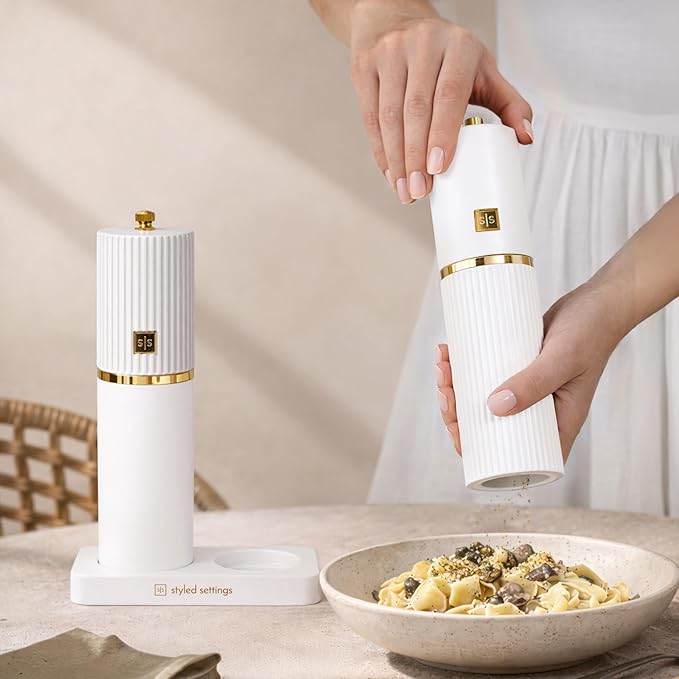 Wooden Salt and Pepper Grinder Set – Refillable Manual Salt and Pepper Mills with Adjustable Ceramic Burrs, Gold Detailing, and Wood Stand – White - Image 7