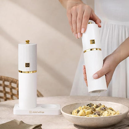 Wooden Salt and Pepper Grinder Set – Refillable Manual Salt and Pepper Mills with Adjustable Ceramic Burrs, Gold Detailing, and Wood Stand – White - Image 7