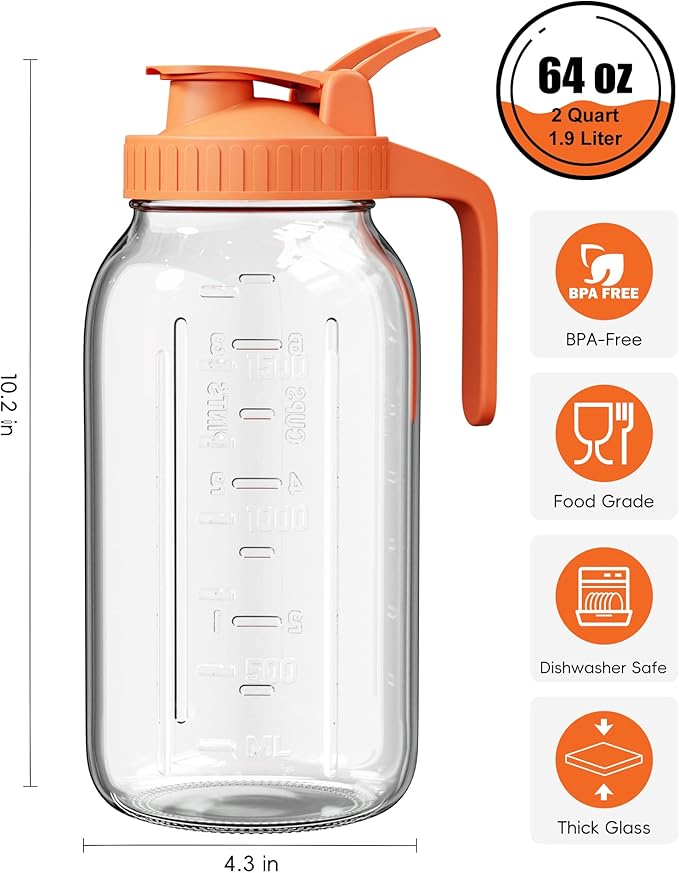 Glass Pitcher with Airtight Lid and Spout, 64oz Mason Jar Pitcher - Wide Mouth, Leakproof Water Jug for Juice, Sun Iced Tea, Cold Brew Coffee, Milk Storage, Orange - Image 2