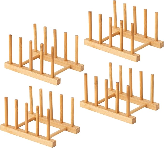 HBlife 4pcs Bamboo Dish Plate Bowl Cup Book Pot Lid Cutting Board Drying Rack Stand Drainer Storage Holder Organizer Kitchen Cabinet（Keep Dry） by HBlife