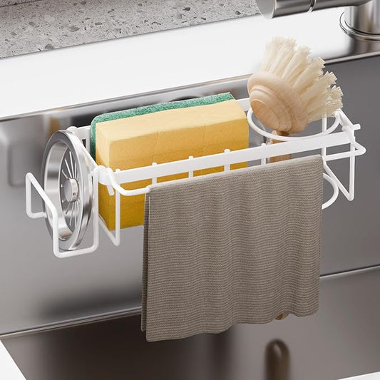 TAILI Sponge Holder with Strong Suction Cup, 4-in-1 Rustproof Sink Organizer - Sink Caddy Holds Sponges, Brushes, Stoppers & Scrapers -White by TAILI