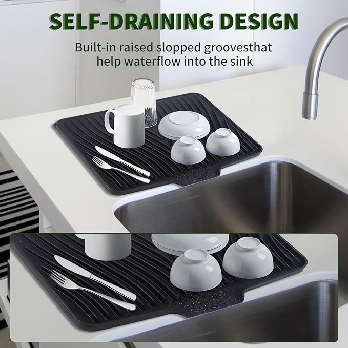 Silicone Dish Drying Mat 16x13,Food-Grade Silicone,Easy Clean Pad for Countertop Protection,Heat Resistant,Easy Clean,Non-Slip Drain Pad with Built-in Drain,Multi-Functional Use,Black - Image 5