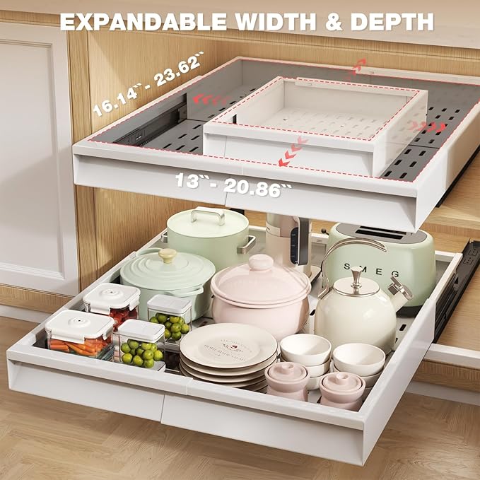 Seinloes 2 Pack Pull Out Cabinet Organizer With Raising Pad for Framed Cabinets,Expandable Width (13"-21") and Depth (17"-24"),3 Slide Rails Slide Out Drawers with Handle,No-Drill Roll Out Shelf,White - Image 4