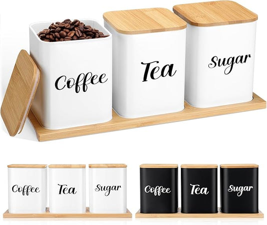 Tioncy Coffee Tea Sugar Container with Tray Set of 3 Airtight Metal Canister with Bamboo Lid Tray for Kitchen Counter Dining Room Farm House Kitchen Style Drink Station Organizer Set(White) by Tioncy
