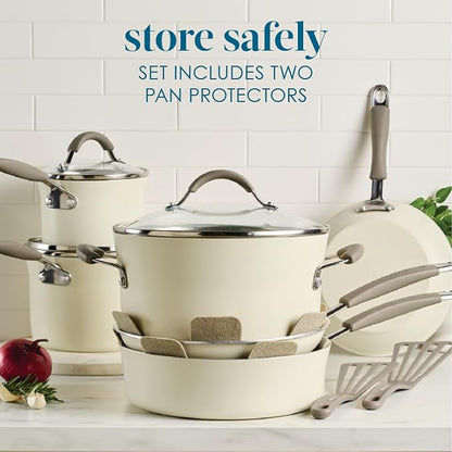 Rachael Ray Cucina Ceramic Cookware Set - 13 Pieces - Ceramic Pots and Pans Set w/Nonstick Frying Pans, Saute Pan, Saucepans, Stockpot, Lids, Pan Protectors & Cooking Utensils - Almond - Image 6