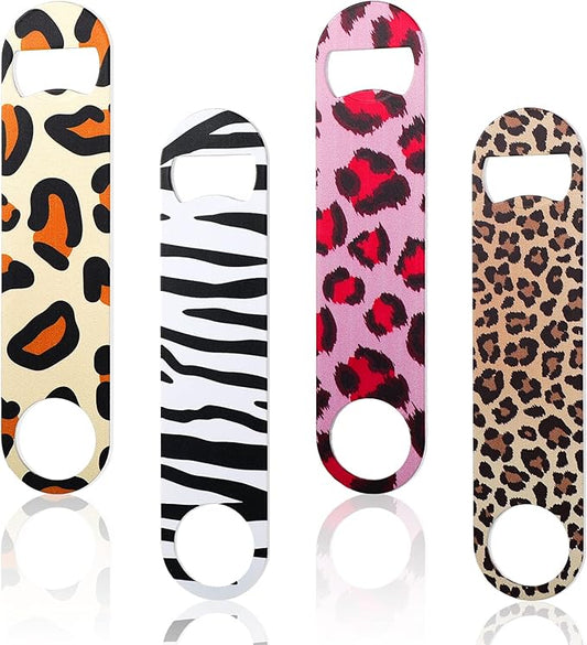 4 Pcs Flat Bottle Opener Heavy Duty Stainless Steel Bottle Opener Beer Flask Tools for Kitchen Bar Restaurant, 7 Inches(Leopard Print) by Vesici