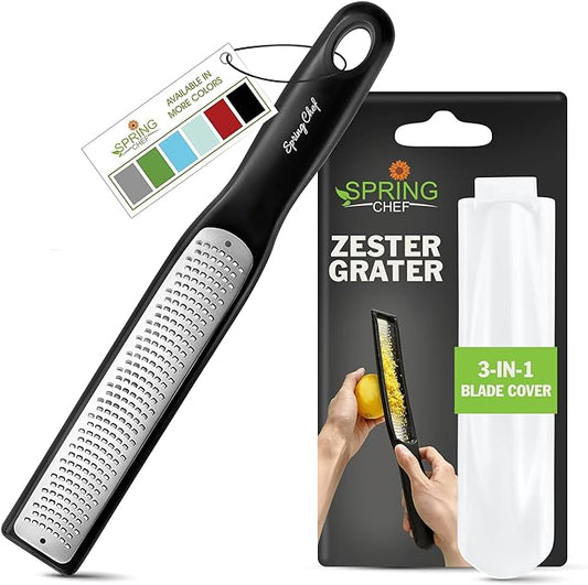 Spring Chef Premium Lemon Zester Grater with Handle - Fruits, Garlic, Chocolate, Nutmeg, Ginger Grater - Heavy Duty Kitchen Tool - Stainless Steel Citrus Zester with Blade Cover - Fine Shred, Black by SpringChef