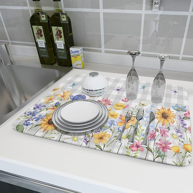 Giwawa Spring Floral Dish Drying Mat, Summer Flower Grey Buffalo Plaids Dish Drainer Mats, Wildflower Butterfly Check Reversible Drying Rack Pad Protector for Kitchen Countertop Decor, 18"x24"