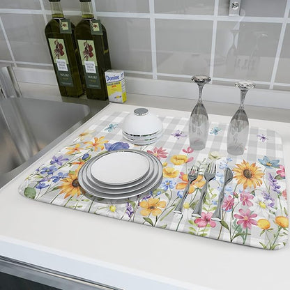 Giwawa Spring Floral Dish Drying Mat, Summer Flower Grey Buffalo Plaids Dish Drainer Mats, Wildflower Butterfly Check Reversible Drying Rack Pad Protector for Kitchen Countertop Decor, 18"x24"