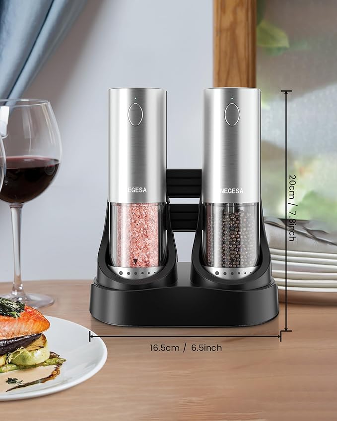 Electric Salt and Pepper Grinder Set with Rechargeable Base - Automatic Refillable Electric Salt and Pepper Shakers with Large Capacity, LED Light & Adjustable Coarseness, Stainless Steel - Image 6