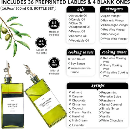 Olive Oil Dispenser Bottle for Kitchen, 16.9oz /500ml Cooking Vinegar Dispenser Bottle Set, Glass Sauce Container, Labels, Brush, Funnel, Stoppers, Green for Oil, Wine - Image 3