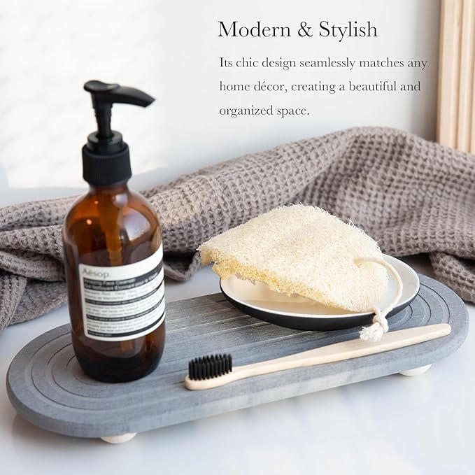 Instant Dry Sink Caddy Organizer – Water Absorbing Stone Tray for Kitchen Bathroom Countertop, Fast Drying Sink Caddy (with Wooden Feet and Natural Loofah, Gray) - Image 2