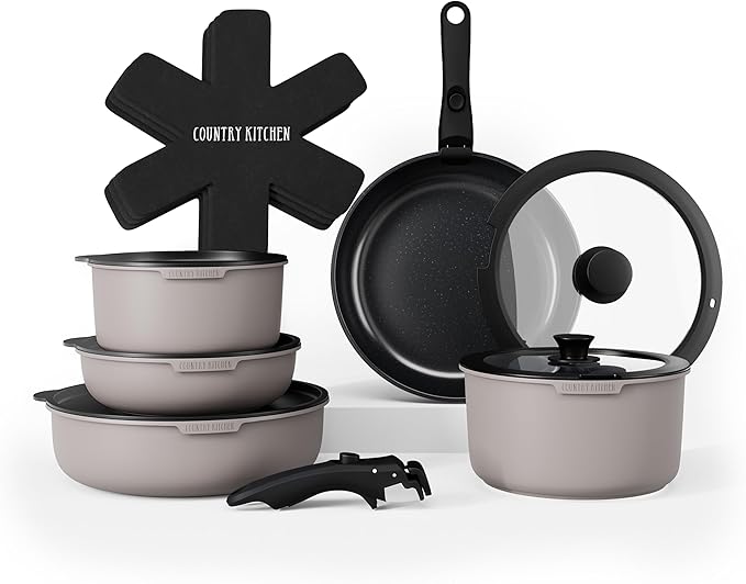 Country Kitchen Cookware Set with Removable Handle, Oven & RV Safe Pots and Pans Set, Grey/Black, Original by CountryKitchen