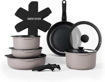 Country Kitchen Cookware Set with Removable Handle, Oven & RV Safe Pots and Pans Set, Grey/Black, Original by CountryKitchen