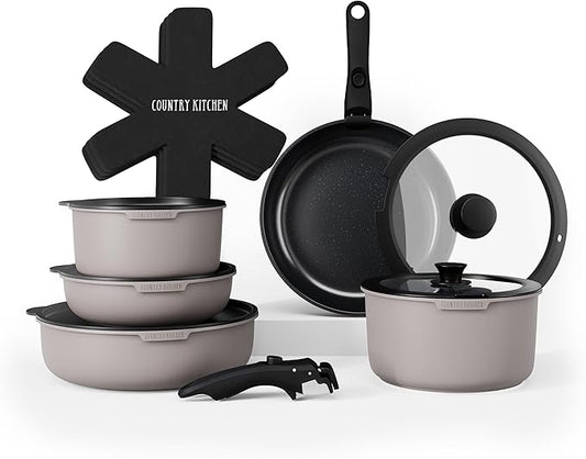Country Kitchen Cookware Set with Removable Handle, Oven & RV Safe Pots and Pans Set, Grey/Black, Original by CountryKitchen