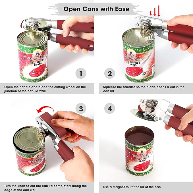Beneno Heavy Duty Hand Can Opener Manual with Magnet, Durable Sharp Carbon Steel Blade Smooth Cutting, Big Effort-Saving Knob & Soft Grip Handle, Multifunctional Kitchen Tool with Bottle Opener, Red - Image 4