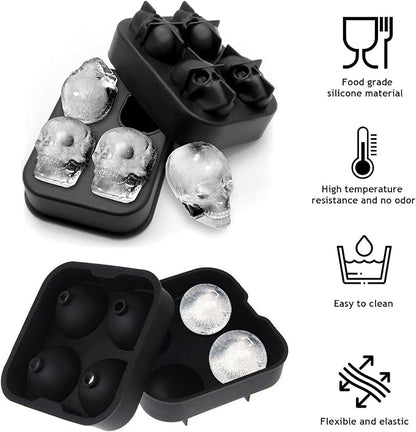 2 Pack Halloween Ice Cube Molds, Halloween Reusable Ice Cube Tray for Freezer, Black Silicone Ice Cube Tray with Lid, 3D Skull & Sphere Ice Cube Molds for Whiskey, Cocktails, Homemade Cold Drinks