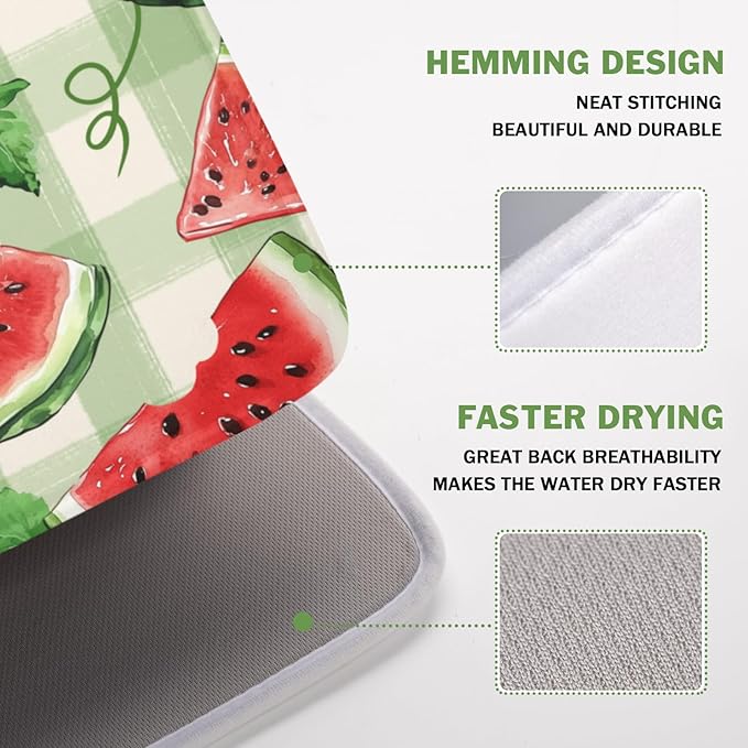 Summer Dish Drying Mat for Kitchen Counter Watercolor Watermelon Green Buffalo Plaid Microfiber Dish Drainer Mat Rustic Absorbent Washable Drying Pad 16"x18"
