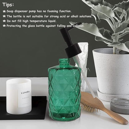 Green Bathroom Soap Dispenser Set with Black Plastic Pump, 12oz Glass Lotion Dispenser, Crystal Hand Soap Dispenser for Modern Home Decor, Kitchen Countertop, Hotel