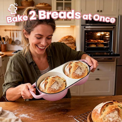 YONILL Mini Double Dutch Oven for Sourdough Bread Baking - Enameled Cast Iron Dutch Oven Pot with Lid and 5" Banneton Bread Proofing Basket Kit, Dual Round Bread Loaf Pan for Homemade Baking (Pink) - Image 2