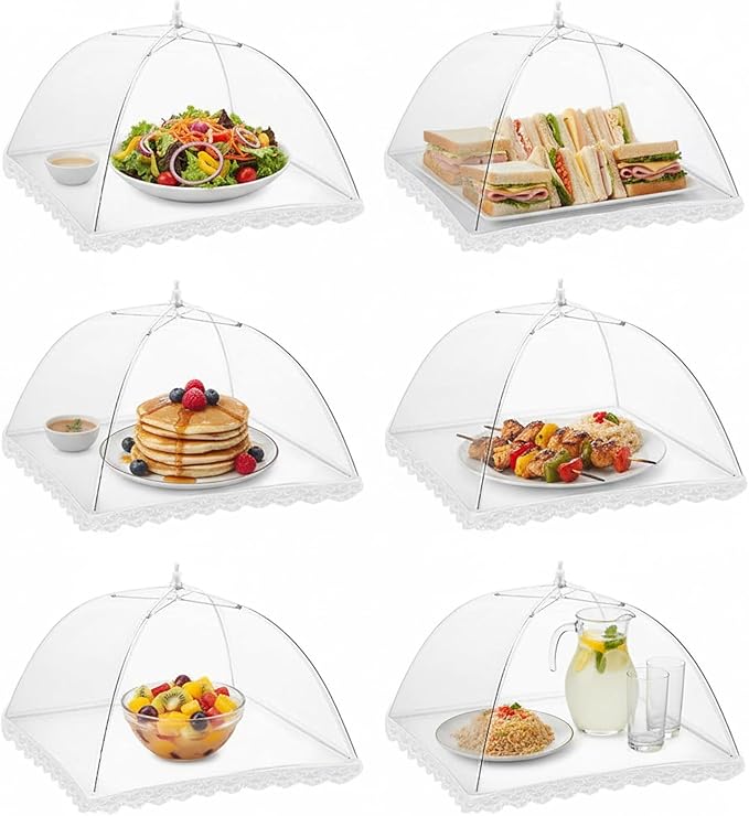 6 Pack Mesh Food Covers 17 Inch, White Pop-Up Food Tents, Collapsible Umbrella Screen Covers for Parties, BBQs, Picnics, Outdoor Camping Dining, Reusable Fly Cover by Winknowl