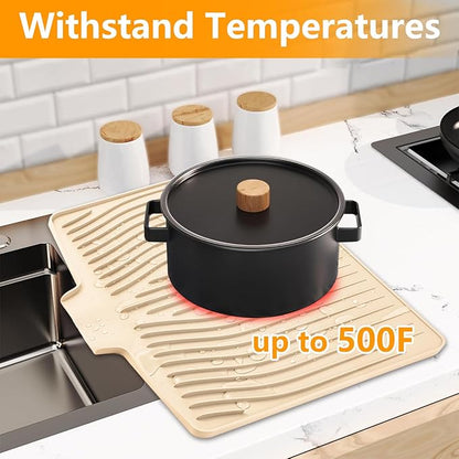 Silicone Dish Drying Mat for Kitchen Counter, Dish Drainer Mat, Non-Slip Drying Pad with Built-in Drain, Kitchen Drying Matt For Counter(18.9" x 11.8", Orange)