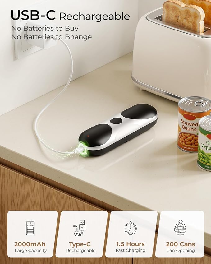 Electric Can Opener, One-Touch Automatic Can Opener, USB Rechargeable Electric Can Opener for Seniors with Arthritis- Cordless Battery Powered, Side Cut, Smooth Edge, Handsfree, for Any Size Cans - Image 3