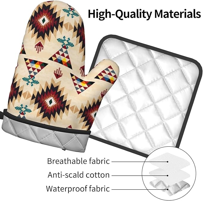 Southwestern Aztec Oven Mitts and Pot Holders Set of 3, Heat Resistant Non-Slip Navajo Pattern Oven Gloves with Hot Pad, Native American Boho Kitchen Decor Gloves for Chef Cooking Baking Grilling BBQ - Image 9