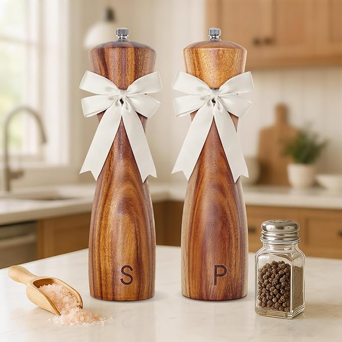 Wedding Gifts for Couples 2026: Acacia Wood Salt and Pepper Grinder Set with Bow Design - Kitchen Counter Decor by DZDOV