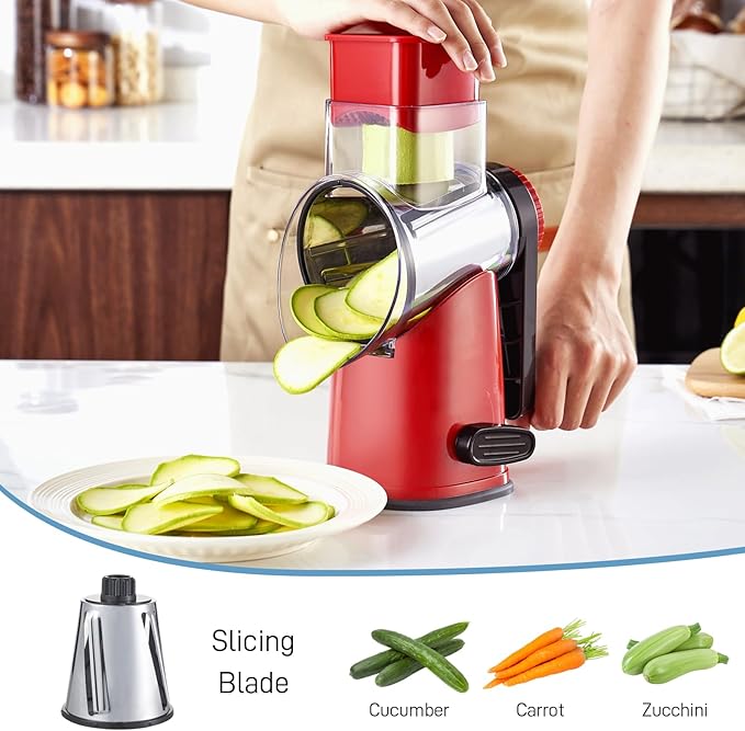 VEKAYA Rotary Cheese Grater Hand Crank with 4 Interchangeable Stainless Steel Blades, Large Manual Handle Shredder and Waffle Slicer for Vegetables, Cheese and Nuts with Table Suction Base (Red)