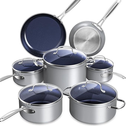 Nuwave Healthy Duralon Blue Ceramic Nonstick Cookware Set, Diamond Infused Scratch-Resistant, PFAS Free, Dishwasher & Oven Safe, Induction Ready & Evenly Heats, Tempered Glass Lids & Stay-Cool Handles by NuWave