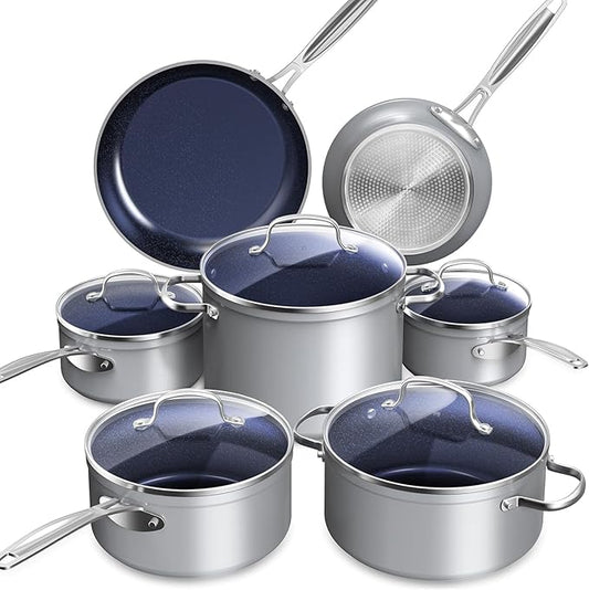 Nuwave Healthy Duralon Blue Ceramic Nonstick Cookware Set, Diamond Infused Scratch-Resistant, PFAS Free, Dishwasher & Oven Safe, Induction Ready & Evenly Heats, Tempered Glass Lids & Stay-Cool Handles by NuWave