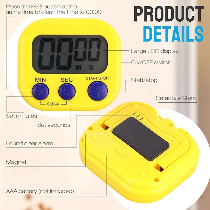 Weewooday 6 Pcs Digital Kitchen Timer Magnetic Timer Bulk On/Off Switch Minute Second Count up Countdown Loud Alarm for Exercise Cook Baking (Novel Color) - Image 3