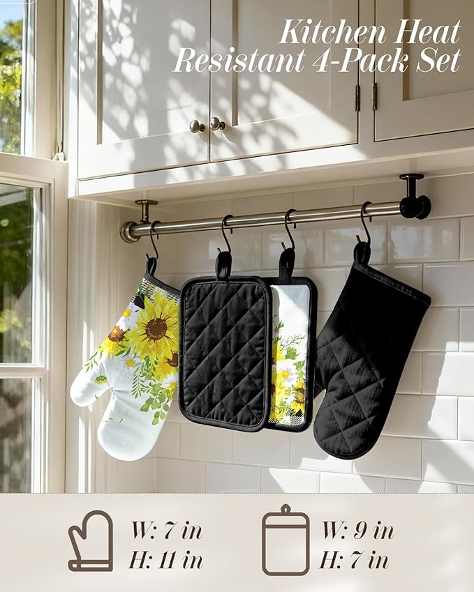 Miss Adola Cotton Oven Mitts and Pot Holders Sets - Quilted Lining Heat Resistant 4 Pieces Set with Hanging Loop Cute Farmhouse Boho Spring Kitchen Decor and Accessories, Plaid Sunflower - Image 4
